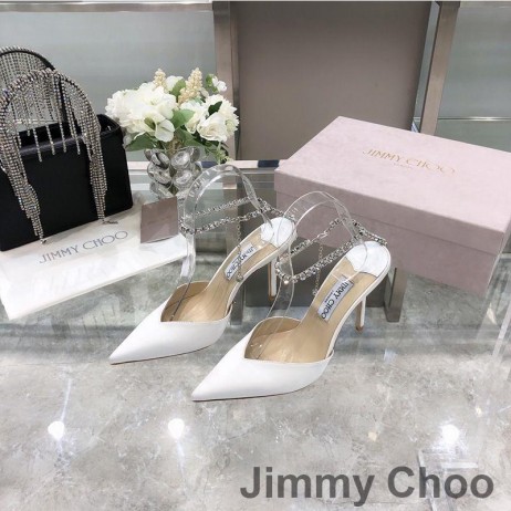 Ženske Cipele-brod Jimmy Choo Saeda 85 Od Ovčje Kože S Ukras u obliku Kristala Bijele Boje