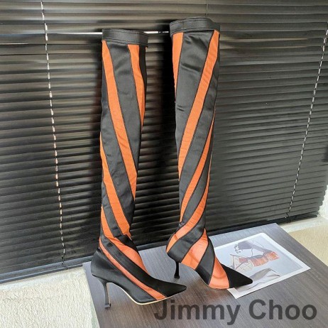 Jimmy Choo x Mugler Iznad Koljena 105 Čarapa-Booties Ženski Strip Iz Mreže Crno / Narančasta