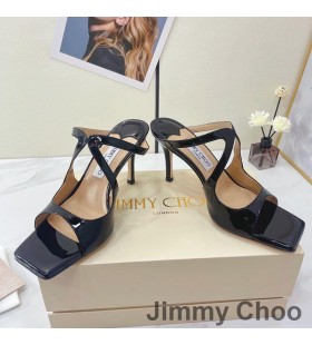 Ženske Japanke na petu cipele Jimmy Choo Anise 85 od Lakirane Crne Boje