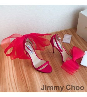 Sandale Jimmy Choo Avelin 100 Ženske Parhet Od Opsežan Situ Бантиками Crvene Boje