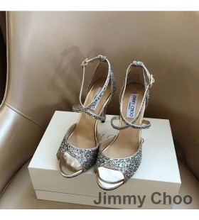 Sandale Jimmy Choo Emsy 105 Ženske Iz Grube Sjajnu Tkaninu Srebrne Boje