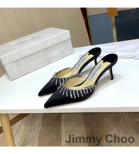 Ženske Japanke Jimmy Choo Saeda 65 Od Satena S Хрустальной Medenoj Lancem Crne Boje