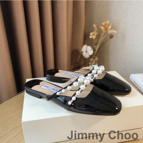Jimmy Choo Amaya Mulor Kvinnor Patentet Läder Med Pärla Utsmyckning Svart