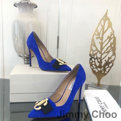 Jimmy Choo Ari 100 Pumpar Kvinnor Mocka Med JC-Logotypen Och Grosgrain Båge Blå