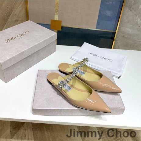 Jimmy Choo Bing Platt Mulor Kvinnor Patentet Läder Med Kristall Rosa Bandet