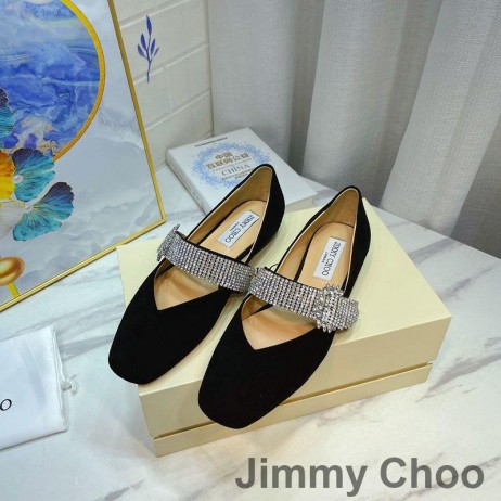 Jimmy Choo Krista Lägenheter Kvinnor Mocka Med Crystal Strap Svart