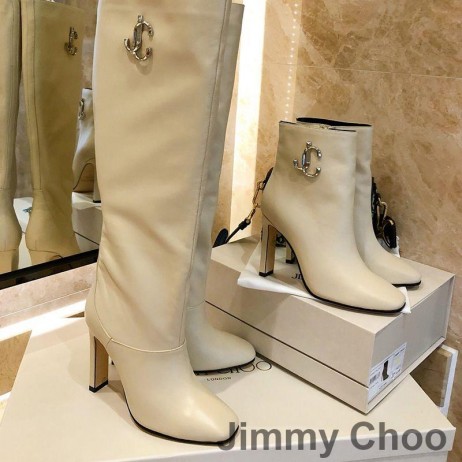 Jimmy Choo Mahesa 100 Knä Tossor Kvinnor Kalv Läder Med JC Emblem Beige