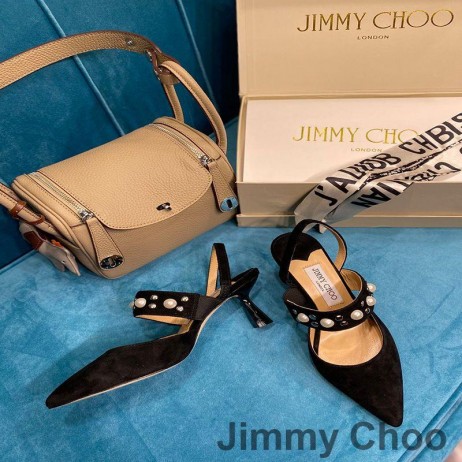 Jimmy Choo Ray 65 Slingback Pumpar Kvinnor Mocka Med Svarta Pärlor