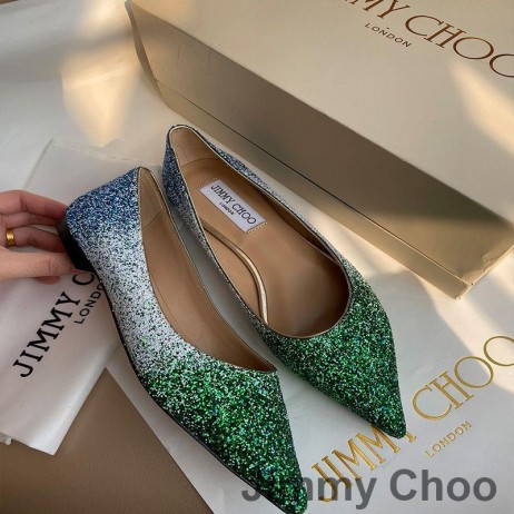 Jimmy Choo Romy Lägenheter Kvinnor Glitter Tyg Grön/Blå