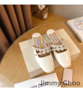 Jimmy Choo Amaya Mulor Kvinnor Patentet Läder Med Pärla Utsmyckning Vit