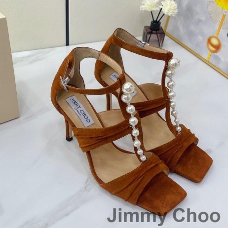 Jimmy Choo Aura 85 İnci ve Kristalli Sandalet Kadın Süet Kahverengi