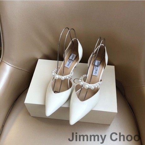 Jimmy Choo Aurelie 65 İnci Süslemeli Beyaz Kadın Rugan Pompaları