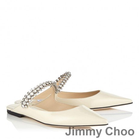 Jimmy Choo Bing Düz Katır Kadın Rugan Kristal Kayışlı Bej