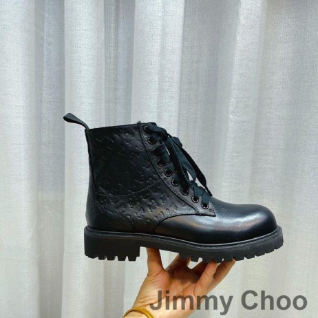 Jimmy Choo Cora Düz Savaş Botları Kadın Mix Deri İle JC Monogram Siyah