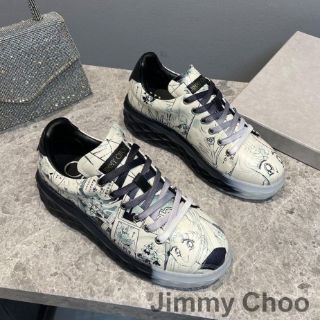 Jimmy Choo elmas ışık Maxi F spor ayakkabı kadın deri Graffiti Sailor Moon beyaz / siyah