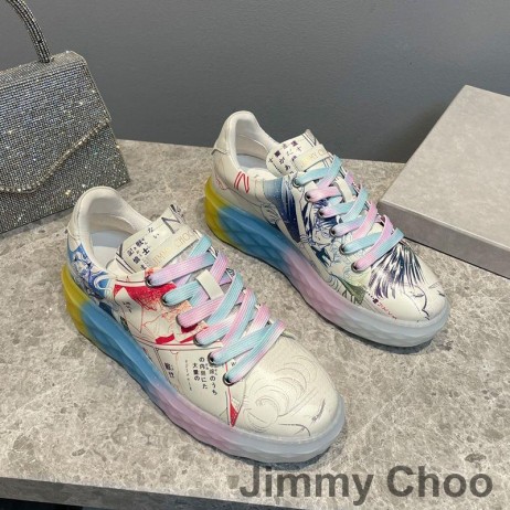 Jimmy Choo elmas ışık Maxi F spor ayakkabı kadın deri Graffiti Sailor Moon beyaz / mavi