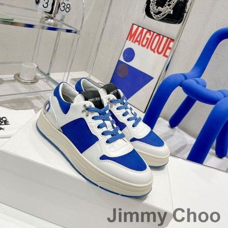 Jimmy Choo Eh P Florent F Spor Ayakkabı Unisex Dana Derisi Ve Parlak Tabanlı Kanvas Beyaz / Mavi