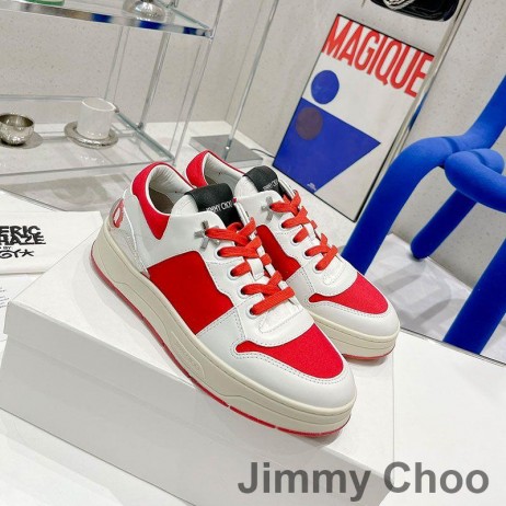 Jimmy Choo Eh P Florent F Spor Ayakkabı Unisex Dana Derisi Ve Parlak Tabanlı Kanvas Beyaz / Kırmızı