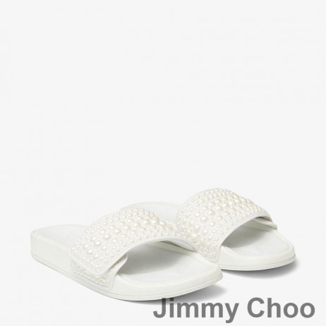 Jimmy Choo Fitz F Platformu Slaytlar Kadın Tuval Ve Deri İnciler İle Beyaz