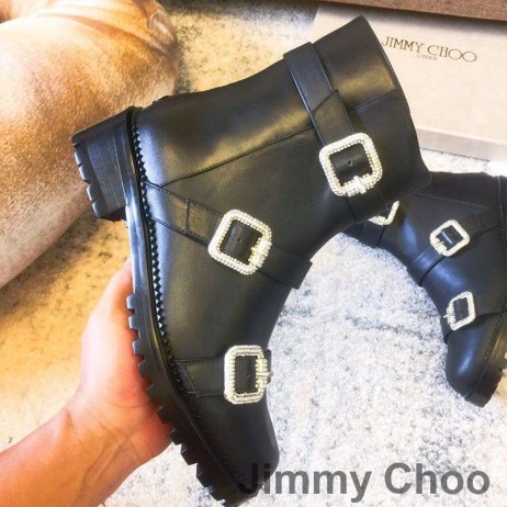 Jimmy Choo Hank yarım çizmeler Kadın Deri Kristal Toka İle Siyah