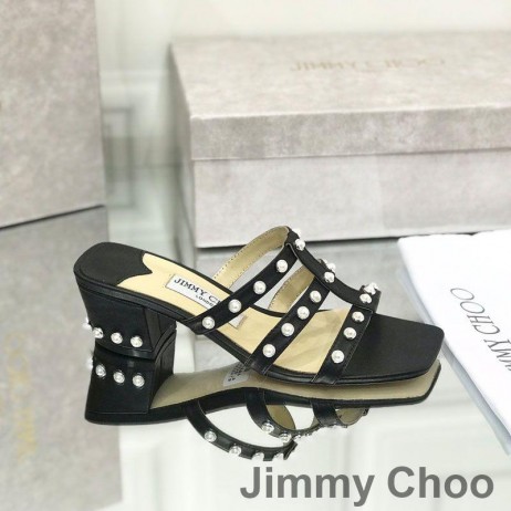 Jimmy Choo Hazal 45 Topuklu Slaytlar Kadın Nappa Deri İnci Çıtçıtlı Siyah