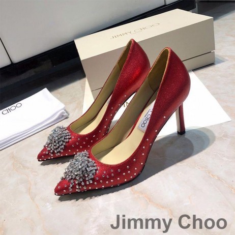 Jimmy Choo Joan 85 Havai Fişek Kristal Kırmızı İle Kadın Glitter Kumaş Pompalar