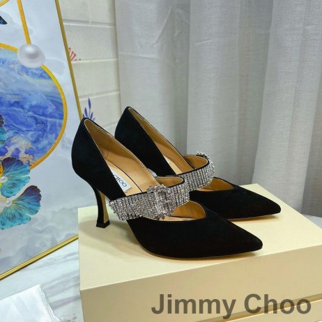 Jimmy Choo Kari 85 Kristal Kayışlı Siyah Kadın Süet Pompaları