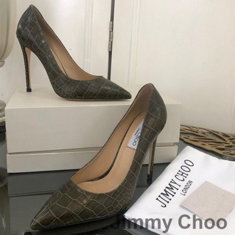 Jimmy Choo Aşk 100 Pompaları Kadın Timsah Kabartmalı Deri Zeytin