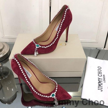 Jimmy Choo Aşk 100 Pompaları Kadın Kadife Kristal Karışımı Kolye Bordo