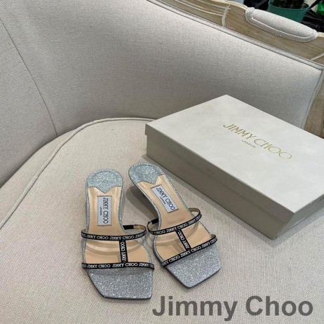 Jimmy Choo Maelie 60 Topuklu Slaytlar Kadın Glitter Kumaş Logo Dokuma Şerit Gümüş