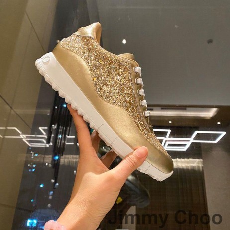 Jimmy Choo Monza Spor Ayakkabı Kadın Antika Deri ve Parıltılı Kumaş Altın