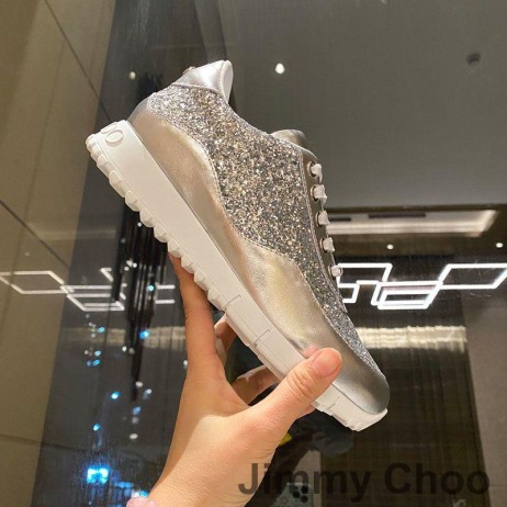 Jimmy Choo Monza Spor Ayakkabı Kadın Antika Deri ve Parıltılı Kumaş Gümüş