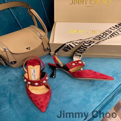 Jimmy Choo Ray 65 Slingback İnci Kırmızılı Kadın Süet Pompaları