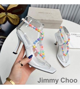 Jimmy Choo Amiral 85 Sandalet Kadın Nappa Deri Boncuklu Rafya Beyaz