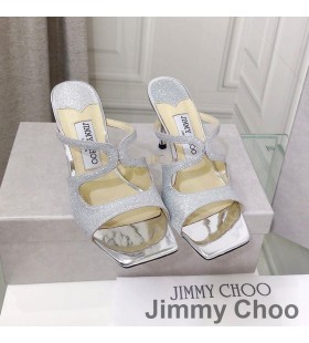 Jimmy Choo Anason 85 Topuklu Slaytlar Kadın Glitter Kumaş Gri / Gümüş