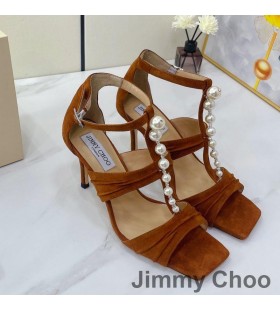 Jimmy Choo Aura 85 İnci ve Kristalli Sandalet Kadın Süet Kahverengi