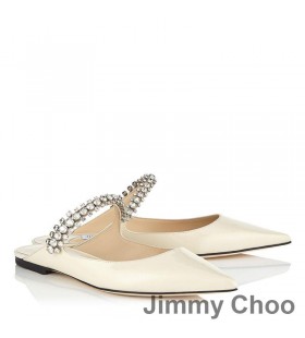Jimmy Choo Bing Düz Katır Kadın Rugan Kristal Kayışlı Bej