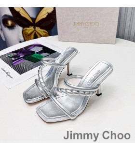 Jimmy Choo Diosa 85 Topuklu Slaytlar KadÄ±n Deri Ã–rgÃ¼lÃ¼ KayÄ±ÅŸ GÃ¼mÃ¼ÅŸ