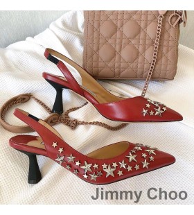 Jimmy Choo Fetto 65 Slingback Pompaları Kadın Deri Yıldız Perçinler Kırmızı