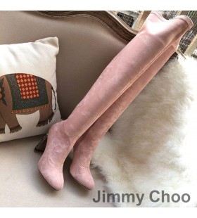Jimmy Choo Maine 100 Diz Çizmeler Kadın Süet Kristal Süslenmiş Topuk Pembe