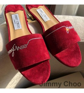 Jimmy Choo Minea Slaytlar Kadın Süet Kristaller Süslenmiş Kırmızı