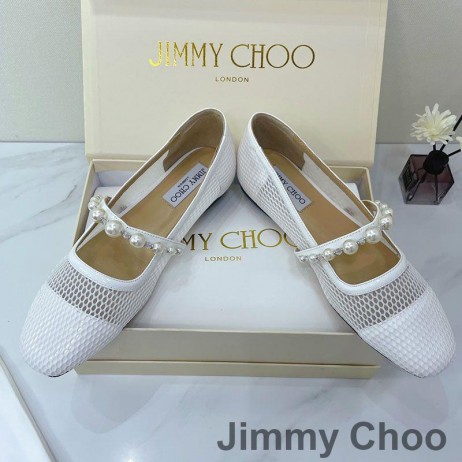 Jimmy Choo Ade Pisos Mujeres De Rejilla De Malla Y Cuero De Patente Con Perla Adornado De Blanco