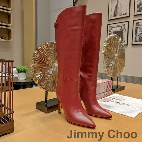 Jimmy Choo Alizze 90 Rodilla Botines De Las Mujeres De Cuero Liso Color Burdeos