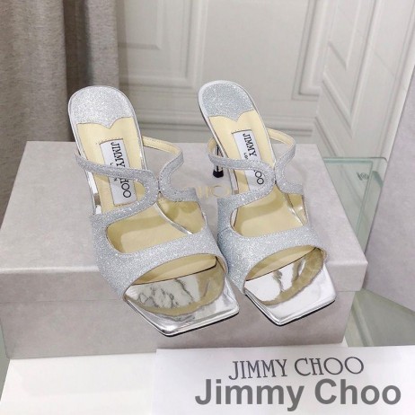 Jimmy Choo Anís 85 De Tacón De Diapositivas De Las Mujeres Brillo De La Tela Gris/Plata