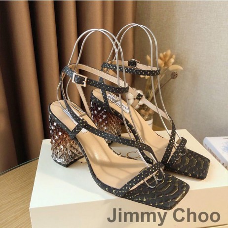 Jimmy Choo Arte 85 Sandalias De Las Mujeres De La Serpiente De Cuero Con Plexi Talón Negro