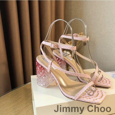 Jimmy Choo Arte 85 Sandalias De Las Mujeres De La Serpiente De Cuero Con Plexi Talón De Color Rosa