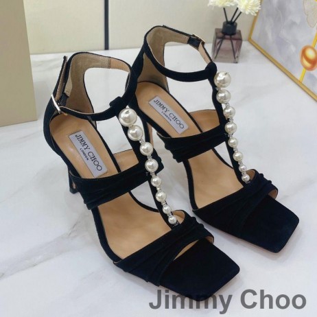 Jimmy Choo Aura 85 Sandalias Mujeres Suede Con Perlas Y Cristales Negros
