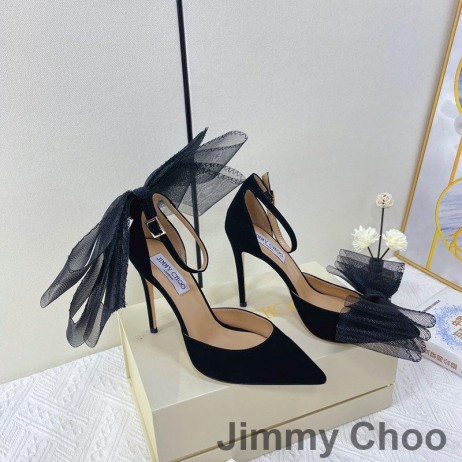 Jimmy Choo Averly 100 Bombas De Las Mujeres Gamuza De Gran Tamaño Con Arcos De Malla Negro