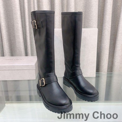 Jimmy Choo Motorista II de la Rodilla Botas de Mujer de Cuero Liso Con Hebillas de Oro Negro