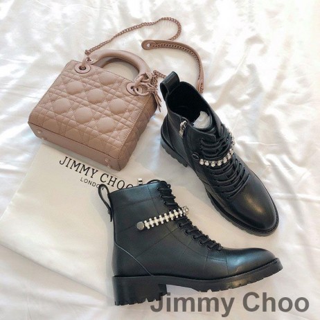 Jimmy Choo Cruz Botas De Combate De Las Mujeres De Cuero De Becerro Con Cristal Negro Detalle